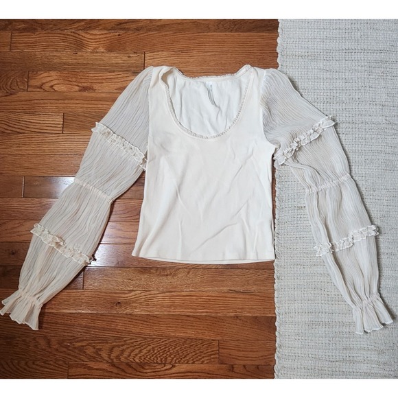 Anthropologie Tops - By ANTHROPOLOGIE Long Sleeve Top Cream Scoop Neck Peasant Cottage Boho‎ Small